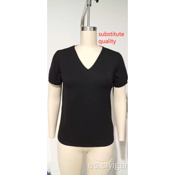 Camiseta para mujeres en V con cuello con manga de burbujas